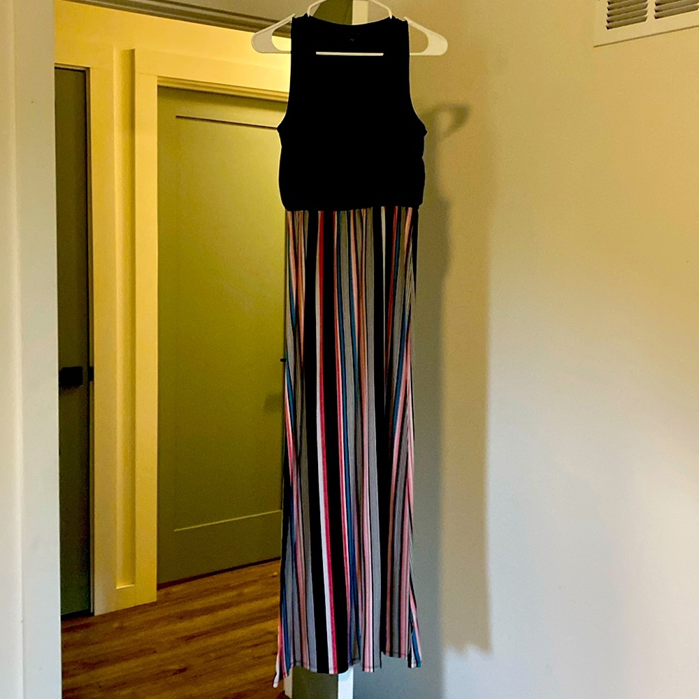 Colorful bottom, black top maxi dress